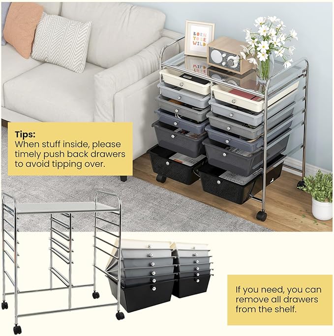 COSTWAY 12-Drawer Rolling Storage Cart, Moveable Art Craft Organizer W/Lockable Wheels, Metal Shelf, Files Arrangement Tools Makeup Storage Cart for Office, Home, School, Mixed Black
