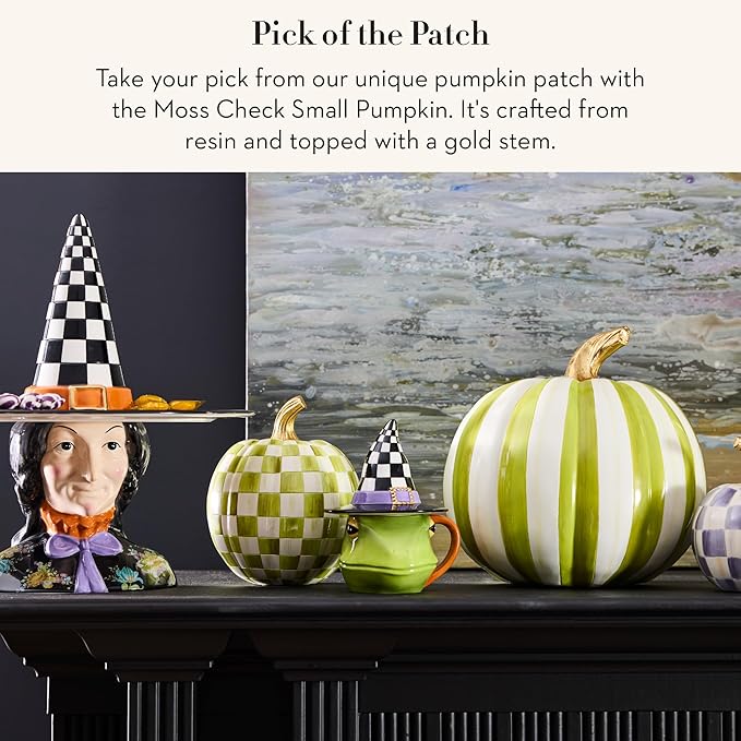 MACKENZIE-CHILDS Pumpkin, Resin Halloween and Fall Decor, Small, Olive-Green Moss Check