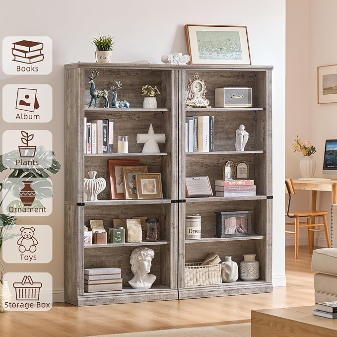 70" Grey Tall Bookshelf Set of 4,5-Tier Thick Wooden Book Shelf with Adjustable Shelves,Free Standing Farmhouse Bookcase with Open Display Storage,Floor Vintage Bookshelves for Living Room