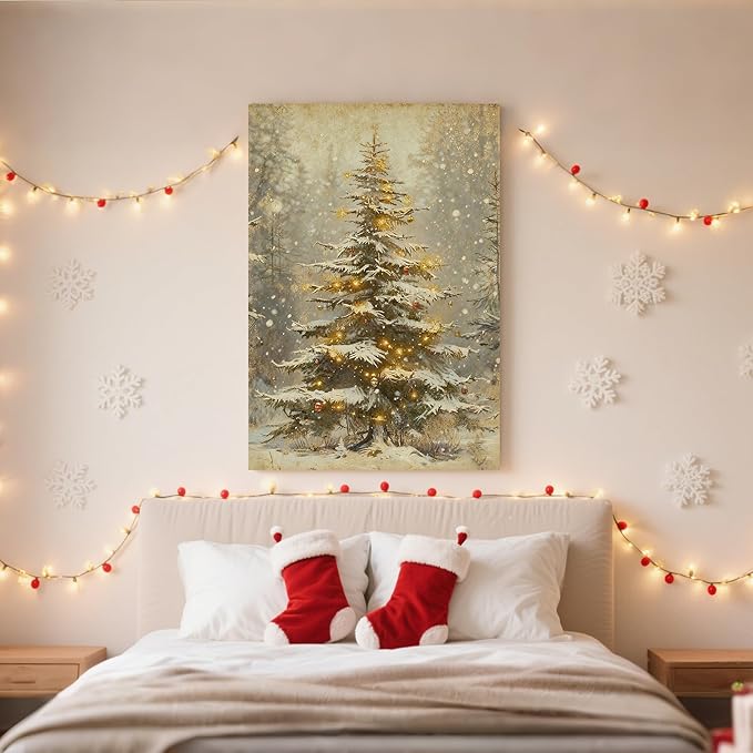 Framed Christmas Pictures Wall Decor,Vintage Pine Tree Prints,Winter Christmas Canvas Wall Art Decoration for Bedroom Bathroom Living Room Rustic Xmas Holiday Gifts (Christmas Tree 2, 11'' X 14'')