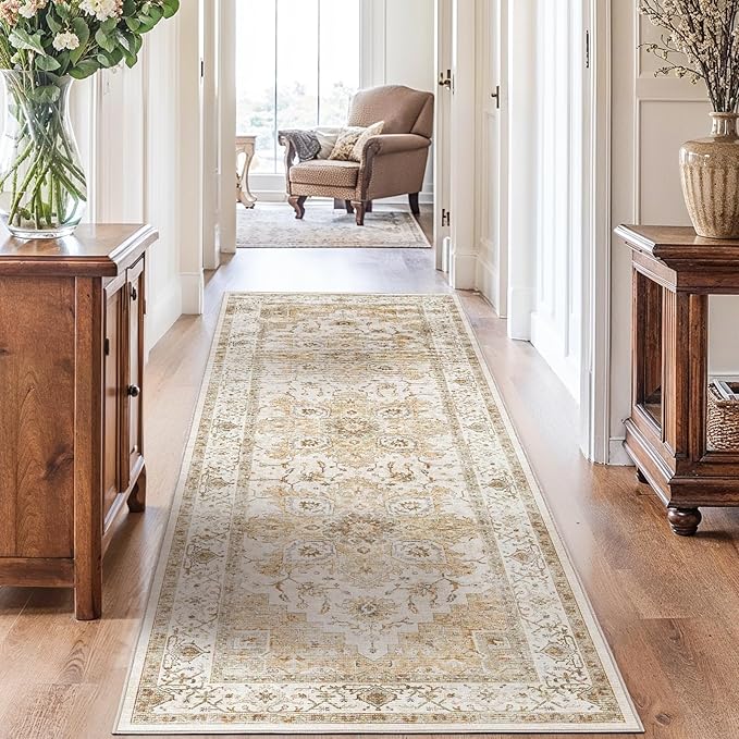 AMADA HOMEFURNISHING 2.7x8 Washable Runner Rug, Low-Profile Kitchen Runner Rugs with Non-Slip Backing & Durable Edge Binding, Vintage Entryway Rug for Bedroom & Hallway