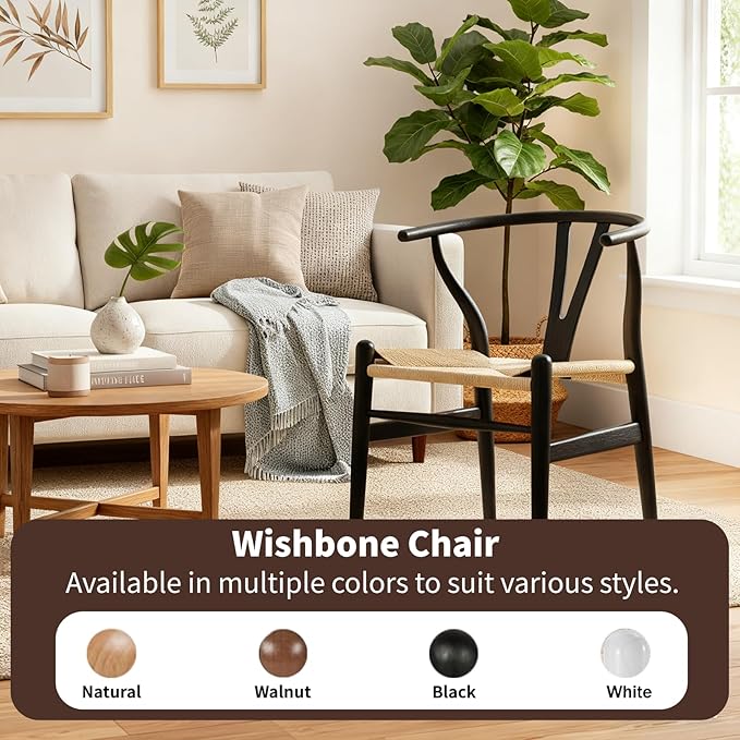 Wishbone Chair Natural Solid Wood Dining Chair/Hans Wegner Y Chair Rattan and Wood Accent Armrest Chairs Set of 2 (Ash Wood - Black + Natural Cord)