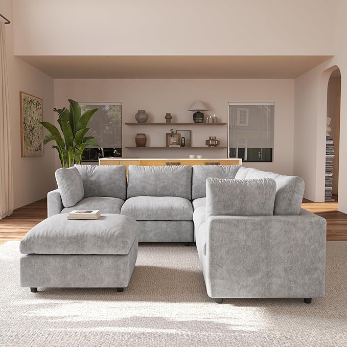 JACH V Shape Sectional Couches with Chaise Ottoman, Convertible Modular Sofa, Cloud Sectional Couch, Sofa Covers Washable, Minimalist Couch for Living Room, Apartment, Light Grey