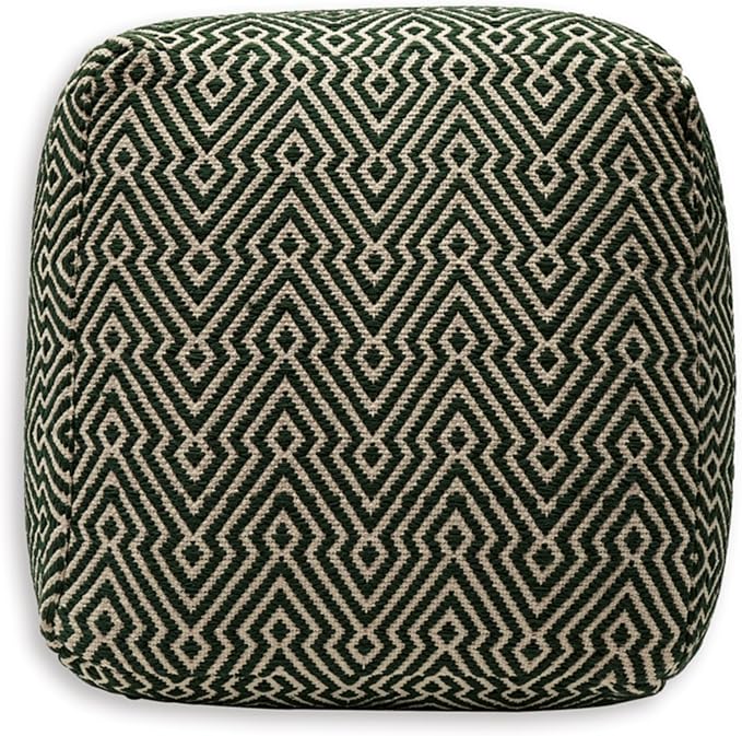 Signature Design by Ashley Abacy Casual Square Handwoven Pouf with Geometric Pattern, Green & Beige