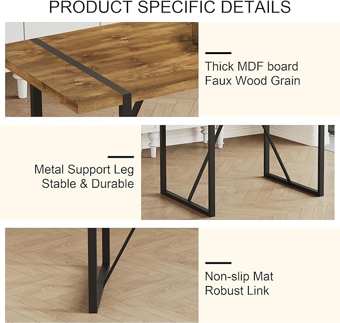 Rustic 7 Piece Dining Room Table Set for 6 People, Mid Century Modern 71 Inch Rectangle Wood Kitchen Dining Table with 6 Fabric Chairs Set, Suitable for Kitchen Dining Room Apartment