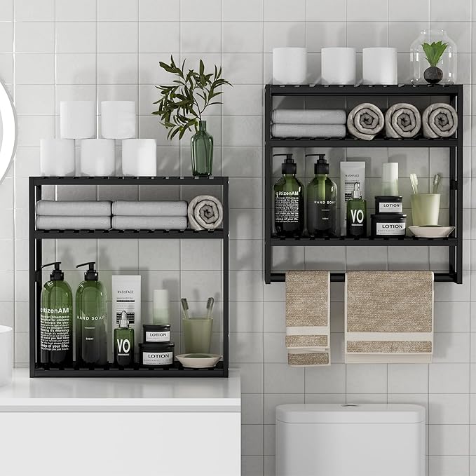 PPN Towel Rack Bathroom Storage Shelves Over The Toilet with Towel Bar 100% Bamboo Adjustable Height Floating Shelf Wall Shower Shelf for Small Space Bathroom Kitchen Multi Usage (Black-1Pack)