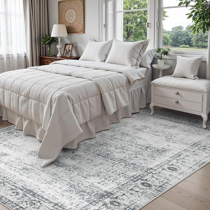 Lahome Vintage 6x9 Washable Grey Rugs for Living Room Bedroom, Soft Dining Room Rugs for Under Table, Non Slip Indoor Throw Carpet for Entryway Kitchen Office (6x9ft,Grey)