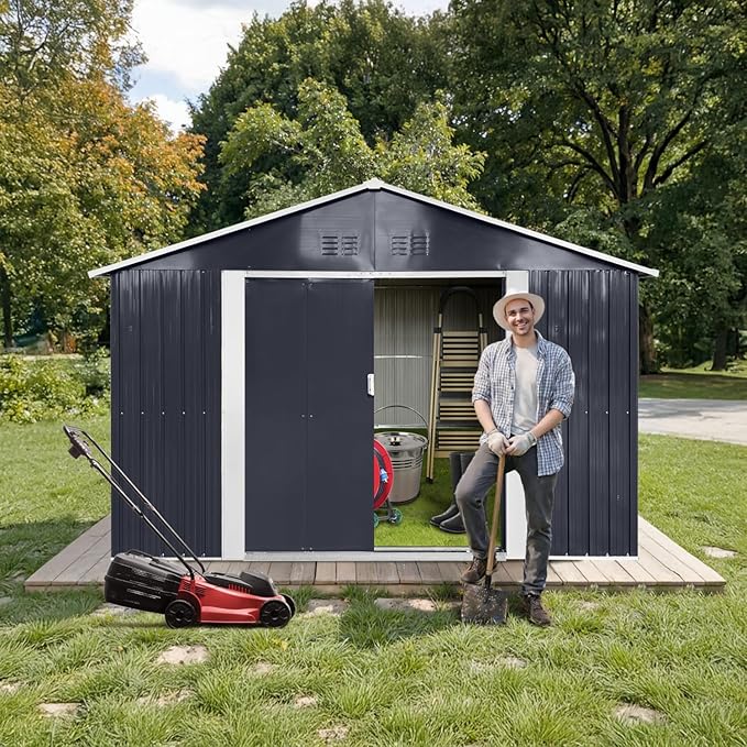 9 x 10.6 Ft Outdoor Storage Shed, Heavy-Duty Metal Shed with Windows & Secure Lockable Doors, Ideal Storage Shed for Outdoor, Patio, Garden, and Backyard, Black