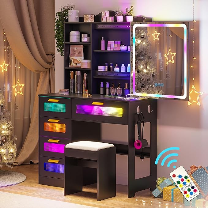 Vanity Desk with Lights and Sliding Mirror, Makeup Vanity Desk with Charging Station, Vanitys Dressing Table with Stool,LED Vanity Set with Large Drawers&Shelves for Bedroom, Decor, Black