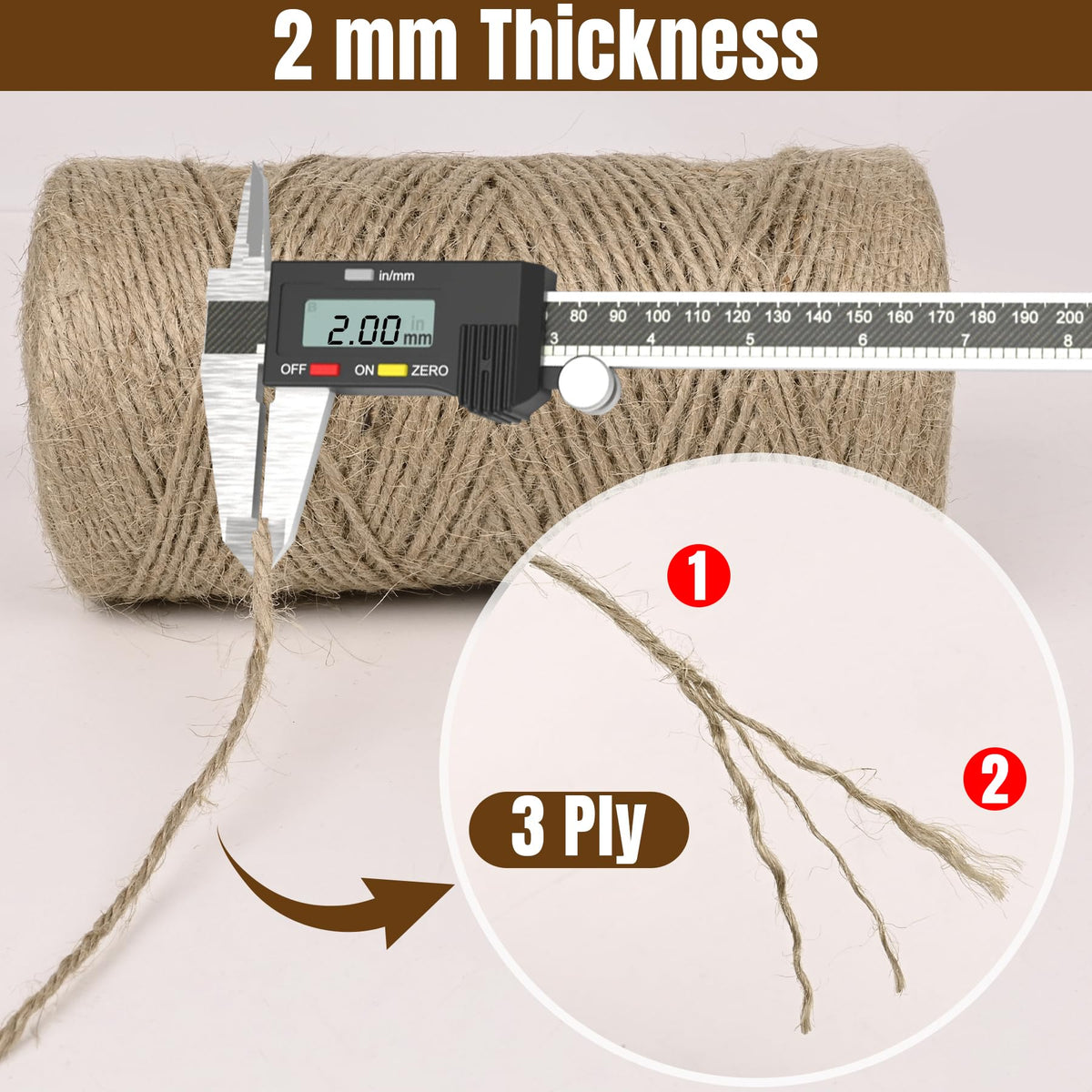 Jute Twine 2mm 1600 Feet Natural Jute Twine String for Crafting, Gardening, Gift Wrapping, Macrame, DIY Decor (Brown, 2Rolls, 800Feet/Roll)