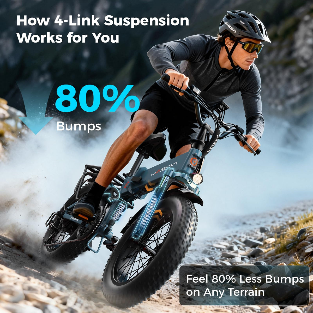 Jasion X-Hunter Electric Bike for Adults 1400W Peak Motor,30MPH Max Speed,48V 13AH Removable Battery,Full Suspension System Design,20 * 4.0 Fat Tire Foldable Ebike,7-Speed Electric Bicycle