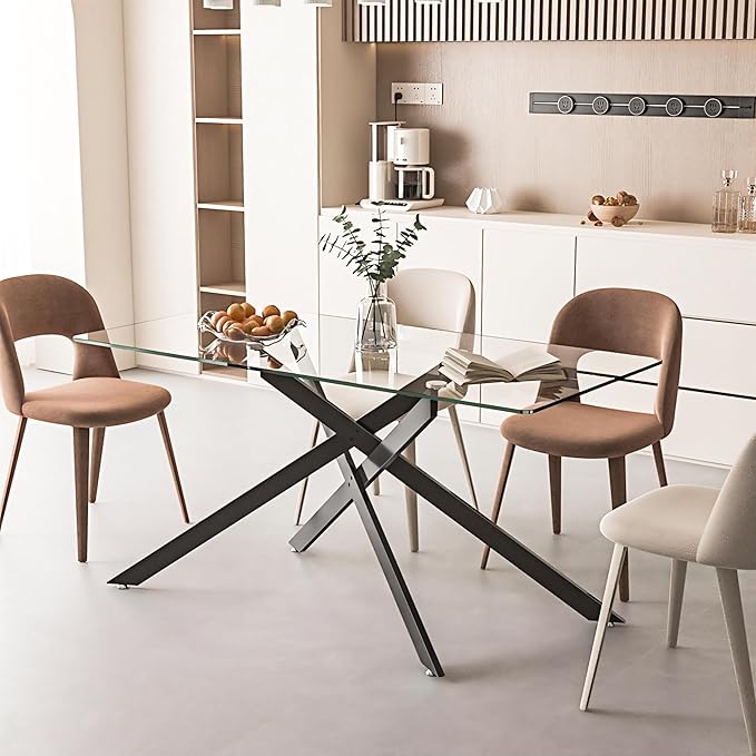 60" Rectangular Glass Dining Table Modern Kitchen Glass Top Table for 6 with Black Metal Legs, Clear Dining Table Kitchen Table for Home Office Dining Room