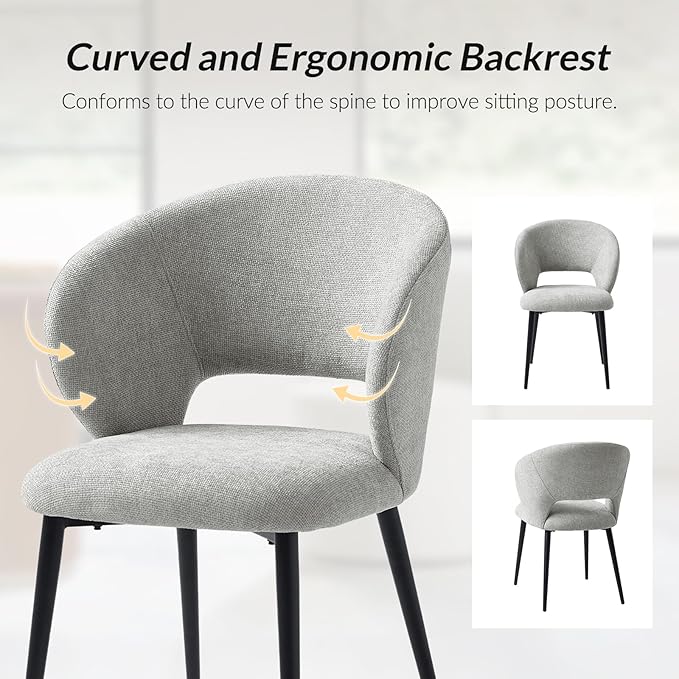 Contemporary Dining Chairs with Armrests – Ergonomic Soft-Padded Seat, Curved Backrest, Matte Black Metal Legs, Comfortable Kitchen & Dining Room Chairs, Set of 4