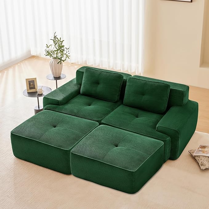 Green Ottoman for Modular Sectional Sofa, Corduroy Deep Seat for Oversized Compressed Boneless Sectional Couches for Living Room Bedroom Apartment, Cloud Sofa Couch, Memory Foam, No Assembly
