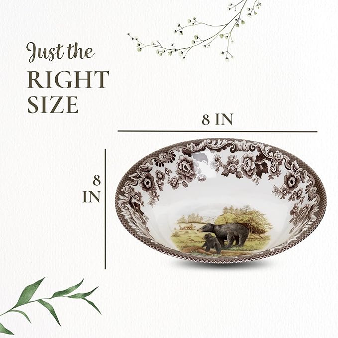 Spode Woodland 8" Black Bear Ascot Cereal Bowl - Fine Earthenware Rustic Dinnerware - Wildlife Collection, Dishwasher, Microwave, Freezer & Oven Safe - Holiday Tableware Made in England