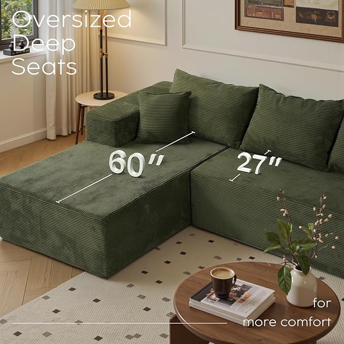 Green Sectional Couches for Living Room, Boneless Couch with L-Shape Chaise, Modular Sofa in Box with Deep Seat, No Assembly Required