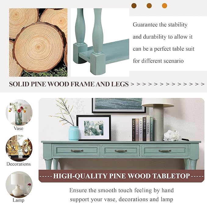 LKTART Solid Wood Console Table for Entryway,Long Sofa Table with 3 Drawers for Hallway,Foyer,Entry,Easy Assembled (63" Retro Green)