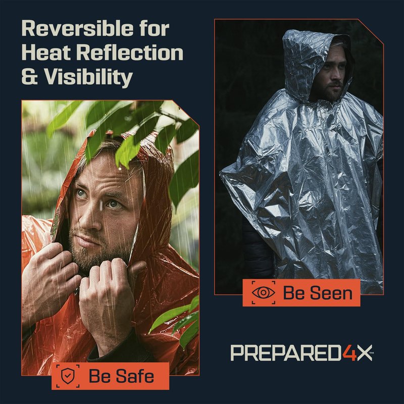 PREPARED4X Emergency Mylar Poncho – Survival Rain Poncho with Hood – Lightweight, Compact, Reusable Emergency Blanket Poncho for Hiking, Camping, Thermal Gear, Car Kit, Outdoors – 4 Pack (Orange)