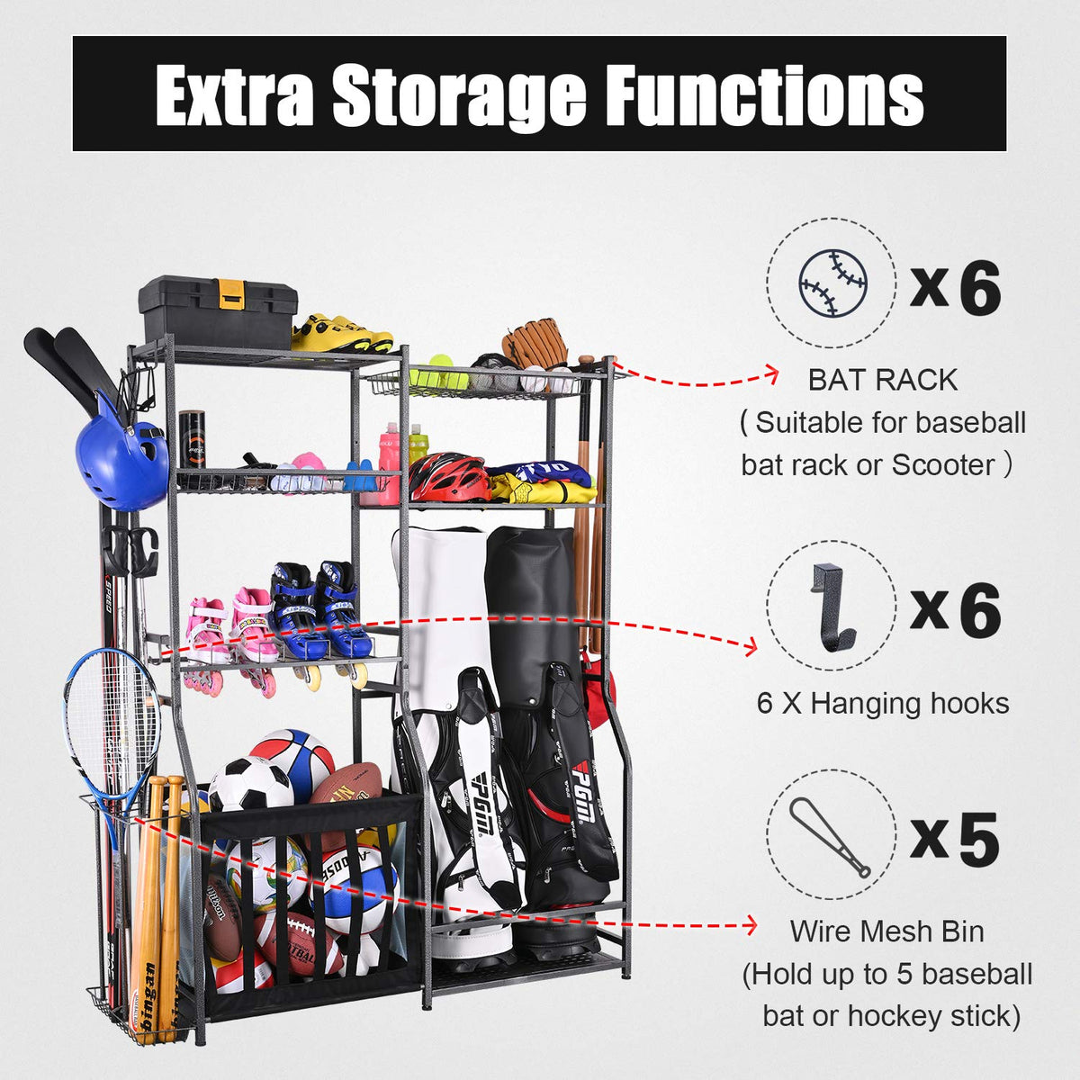 Mythinglogic Garage Sports Equipment Storage, 2 Golf Bag Storage Stand and Other Sports Equipment Storage Rack, Garage Organizer System