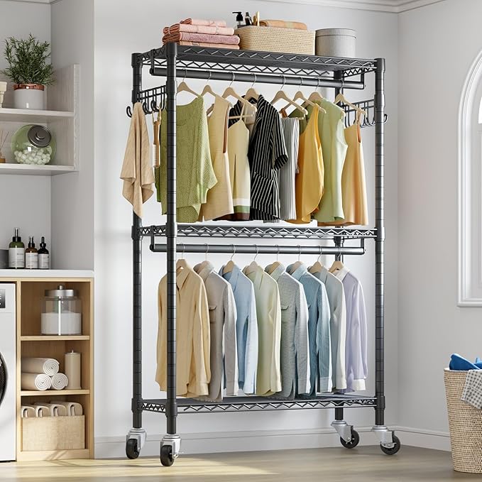 VIPEK R2 Clothes Rack Heavy Duty Clothing Rack for Hanging Clothes, Rolling Garment Rack Adjustable Closet Racks with Double Rods & Hooks, Freestanding Wardrobe Closet Coat Storage Racks, Black