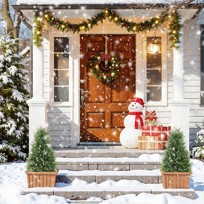 Artificial Cedar Topiary Trees Set of 2, 30'' UV Resistant Faux Cypress Pine Plants Outdoor, 2.5ft Large Realistic Faux Evergreen Cone Bushes & Shrubs for Front Porch Planter Christmas Decor