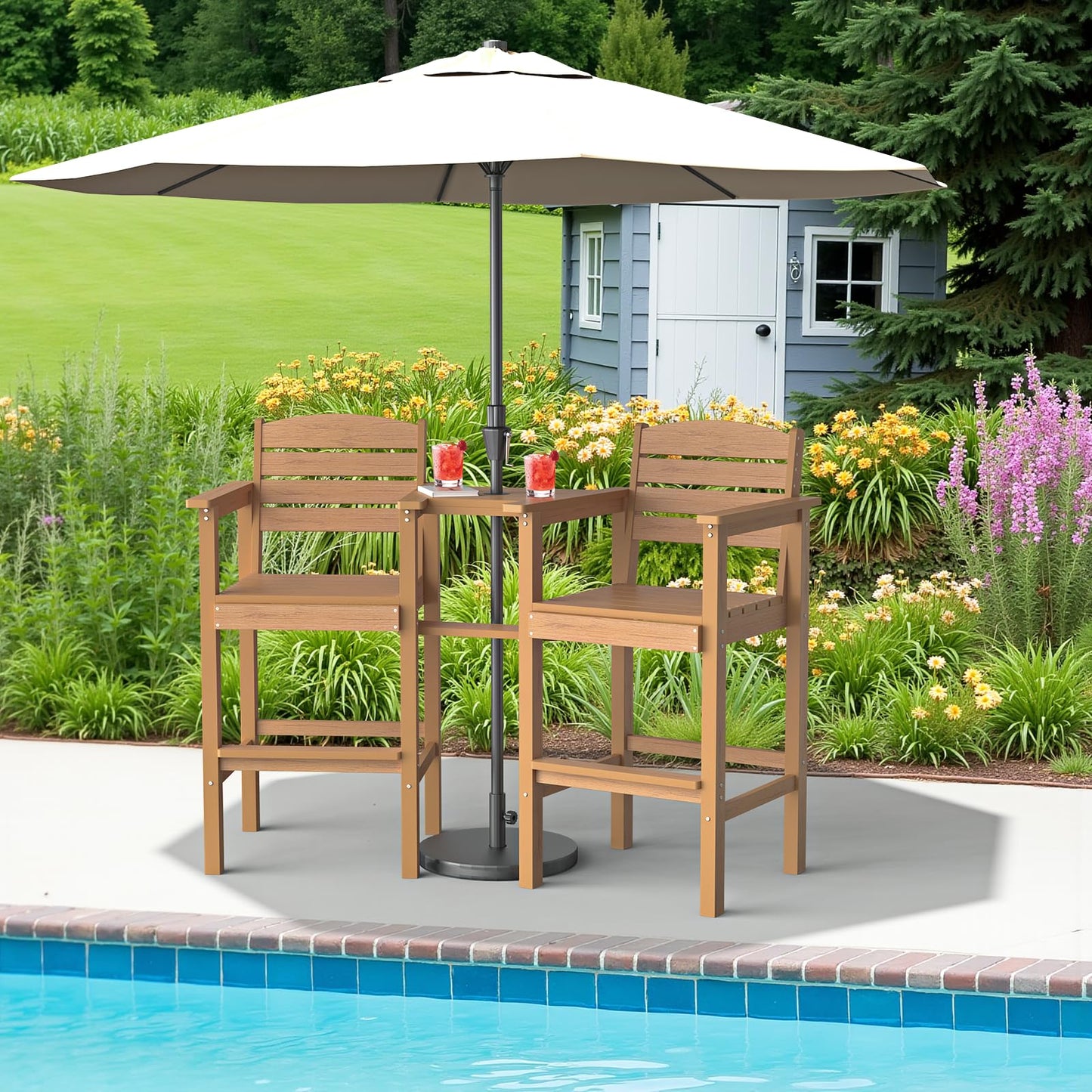 LuxaDomus Tall Adirondack Chairs Set of 2, Outdoor HDPS Adirondack Chair with Removable Tray, Balcony Chairs with Umbrella Hole, Weather Resistance Tall Patio Chairs for Deck Patio Pool Lawn, Teak