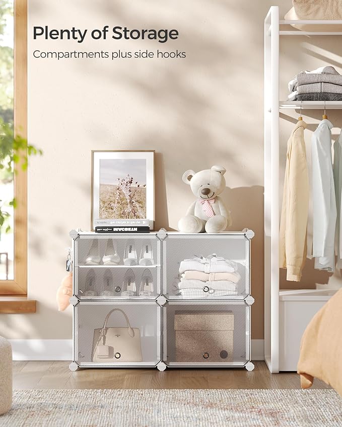 SONGMICS Shoe Rack Organizer, 4-Tier Shoe Storage Cabinet for Closet and Entryway, Holds 16 Pairs of Shoes, Adjustable, Cloud White and Trasparent ULPC032W01