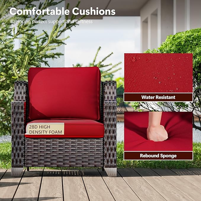 5 Pieces Wicker Patio Furniture, Luxury Outdoor Conversation Sets with 2 Patio Rattan Chair, 3-Seater Sofa, 2 Patio Ottoman, Wide Armrest, Thickened Cushions, Ideal for Deck, Porch Use