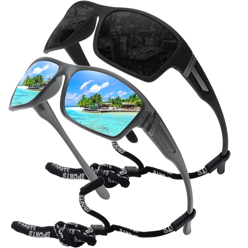 STORYCOAST Polarized Sports Sunglasses for Men Women Unbreakable Frame Cycling Fishing Driving 2Pack Black+Clear Gray Frame/Blue Mirror Lens