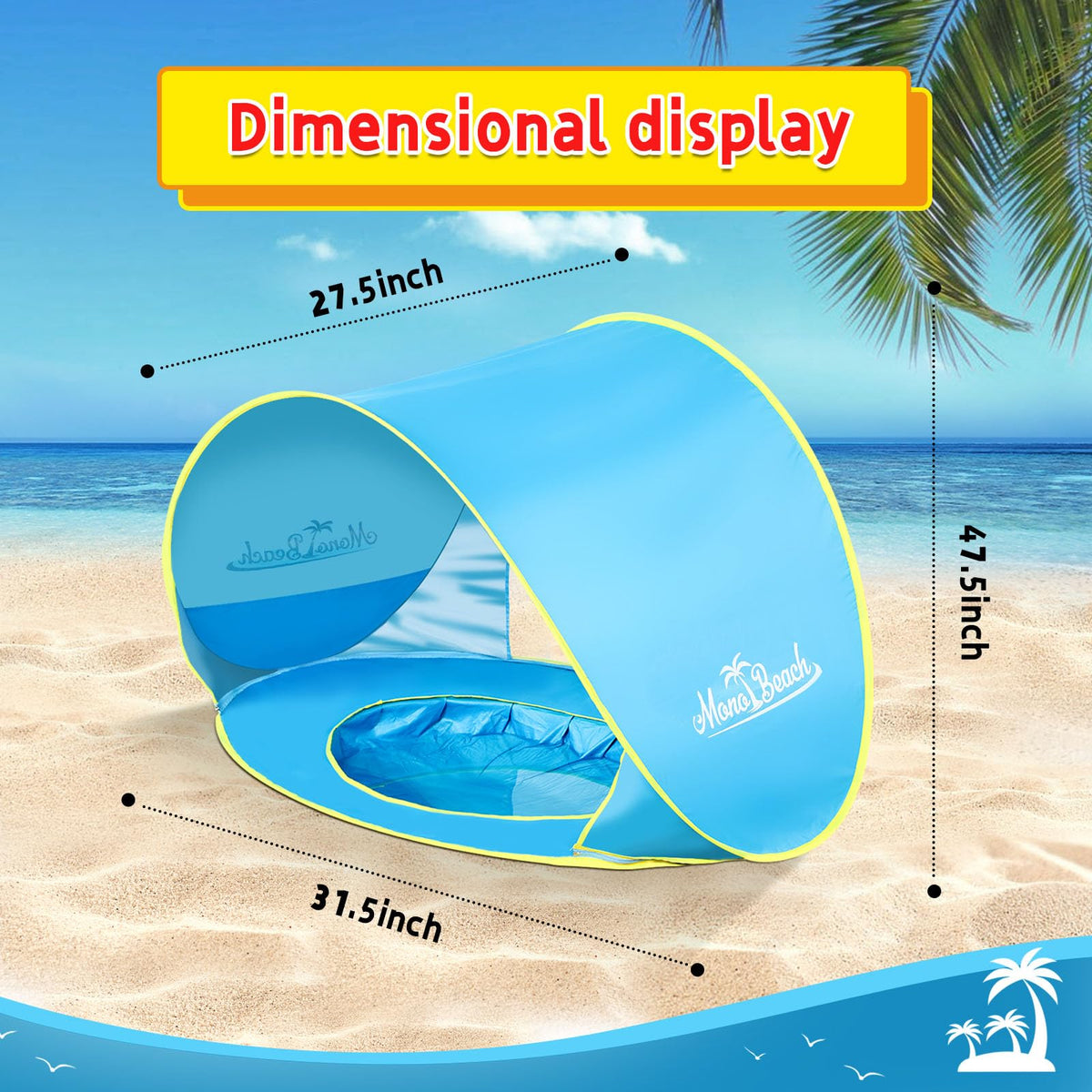 Monobeach Baby Beach Tent with Sun Hat Pop Up Portable Shade Pool UPF50+ UV Protection Sun Shelter for Infant with Easy Set Up Canopy (Blue)