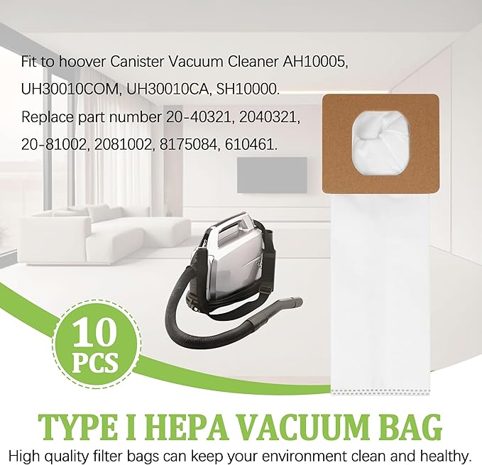 10 Pack Type I HEPA Vacuum Bags Replacement for Hoover AH10005 Series