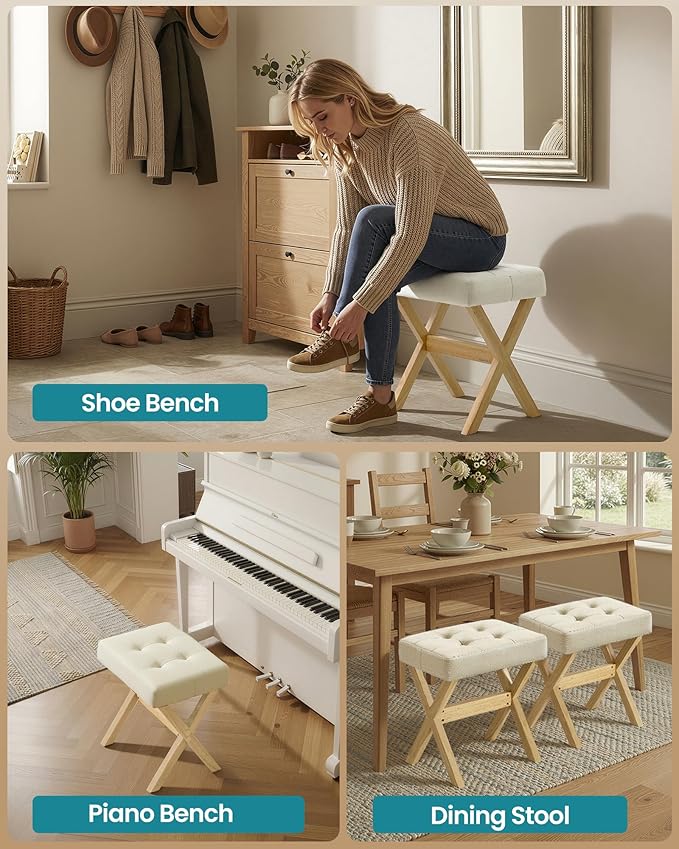SONGMICS Makeup Stool, Padded Vanity Stool, Foot Rest, Solid Wood X Legs, for Bedroom, Closet, Entryway, 12.6 x 16.5 x 18.1 Inches, Summer Sand and Natural Beige ULSF006LF02