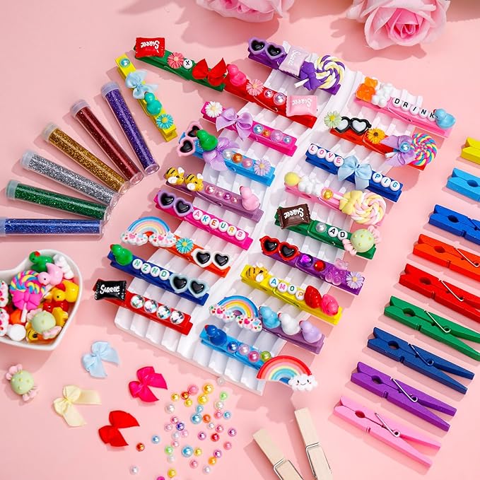 80 Set Cheer Pins Spirit Clips Clothes Wooden Pins for Backpacks Include 90 Mini Resin Animals 30 Mini Bows 500 Beads Cheer Clothespins Decorations Ribbon Team Classroom Cheer Gifts Bulk（Natural）