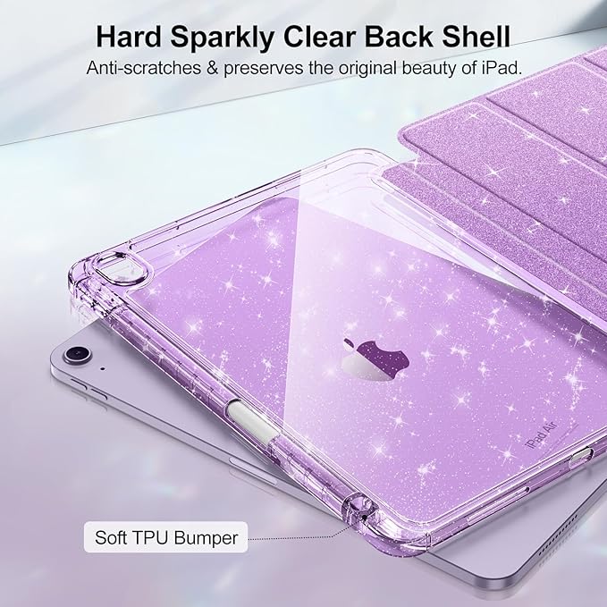 Fintie Slim Case with Pencil Holder for iPad Air 11-inch M4/M3/M2 (2026/2025/2024), iPad Air 5th (2022) / 4th Generation 10.9 Inch - Glittering Sparkly Cover with Shiny Clear Back Shell, Purple
