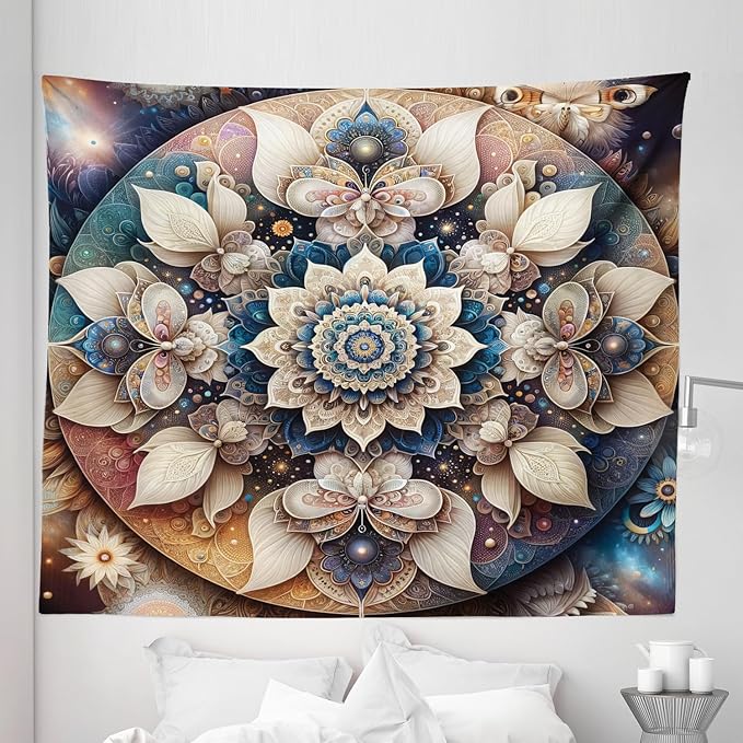 Ambesonne Mandala Tapestry King Size, Dreamy Composition of Astral Atmosphere Blooming Trippy Floral Boho, Wall Hanging Bedspread Bed Cover Wall Decor, 104" X 88", Eggshell Sea Blue Indigo