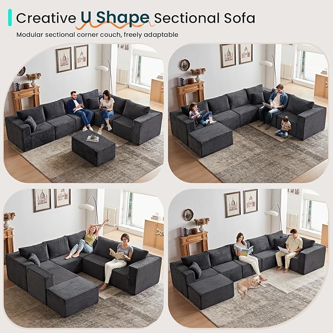 156" U Shaped Cloud Couch Sectional Modular Sofa with Deep Seat, 7 Seater Corduroy Couches, Boneless Couch with Removable Ottoman, Sectional Couches for Living Room, No Assembly Required, Grey