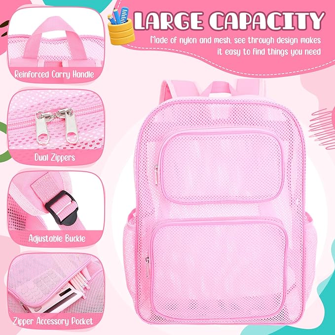 13 Piece Operation Christmas Bulk Item, 17" Mesh Backpack Semi Transparent Heavy Duty, Notebook for Holiday Donation(Pink)