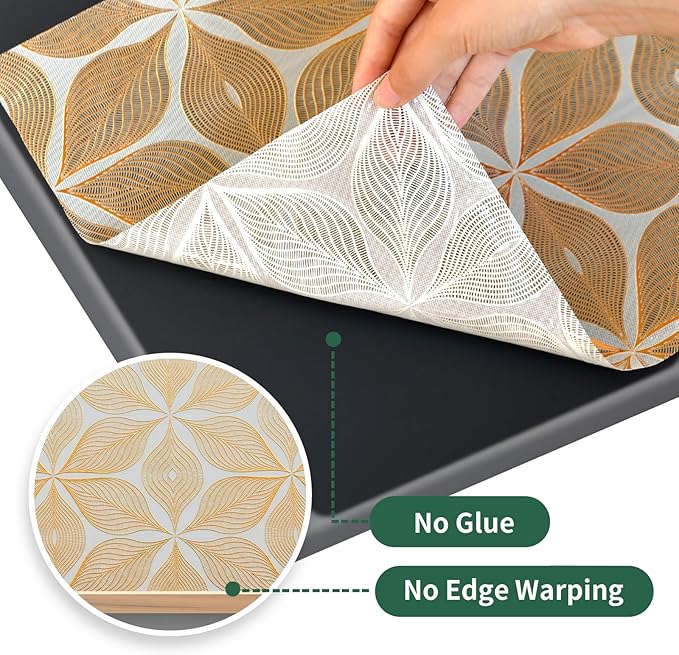 Drawer and Shelf Liner for Kitchen Cabinet: 23.6 in X 30 Ft Waterproof Shelf Paper Non Adhesive Refrigerator Liners Golden Leaf Easy Liners for Bathroom with Knife Tape Measure