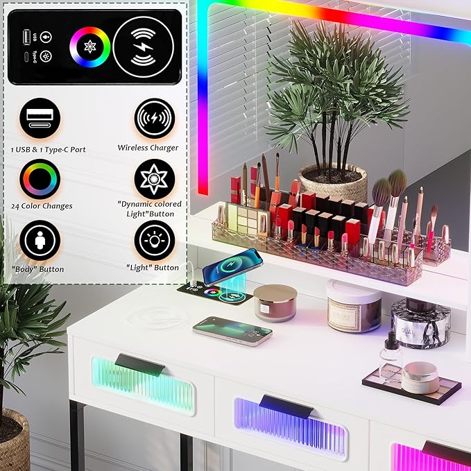 HNEBC RGB Vanity Desk with Mirror and Lights, LED Vanity Makeup Desk with USB/Wireless Charger Station, Vanities Dressing Table Sets with 6 Drawers/Cabins/Stool/Shelves for Bedroom&Cloakroom,White