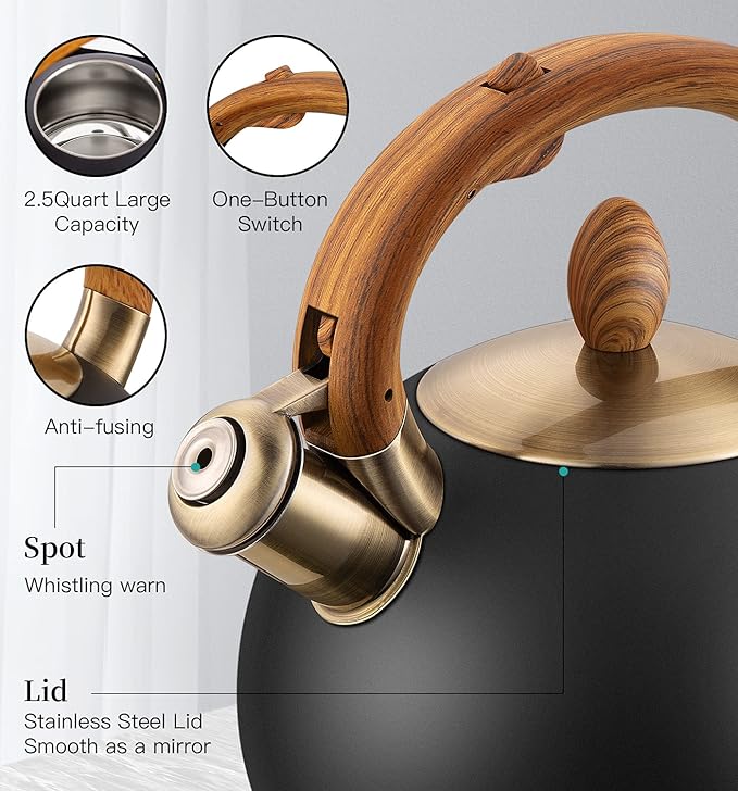 VICALINA Whistling Tea Kettle Stovetop, 2.64 Quart Black Tea Pot