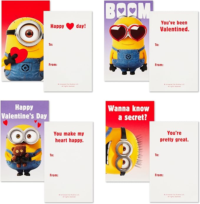 Hallmark Minions Valentines Day Cards and Mailbox for Kids School Classroom Exchange (1 Box, 32 Valentine Cards, 35 Stickers, 1 Teacher Card)