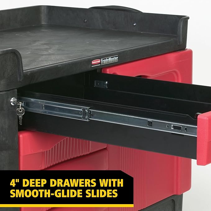 Rubbermaid Commercial Products TradeMaster Tool Storage Utility Cart, 4 Drawers + Cabinet, Small, 750 lb. Capacity, Black, for Warehouse/Garage/Cleaning/Maintenance