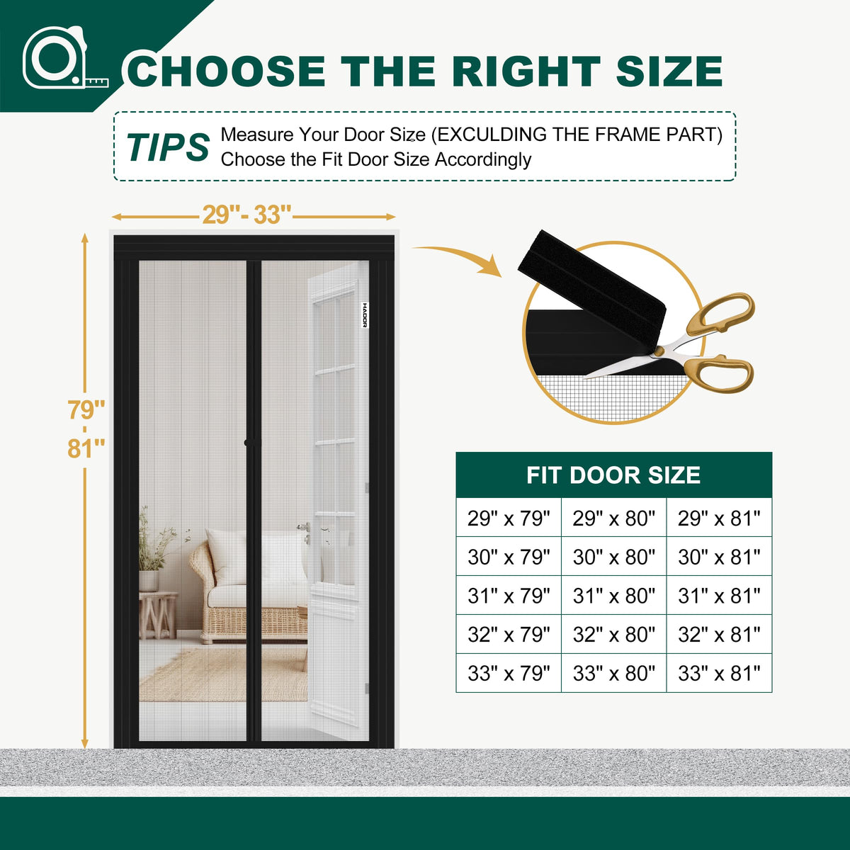 HADOR Adjustable Magnetic Screen Door Fit Door Size Width 29" - 33" Height 79" - 81", DIY Widen Heavy Duty Door Net Screen Mesh with Strong Magnet for Front Back, Black