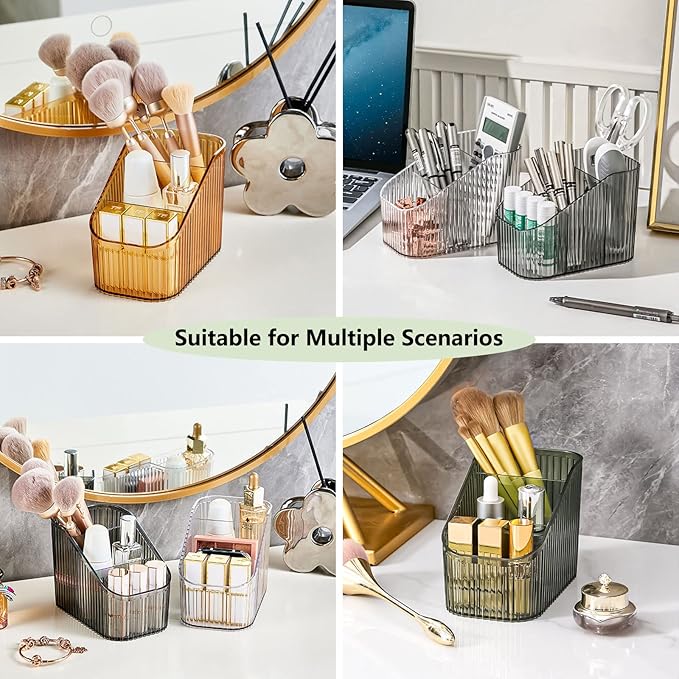 DASITON Large Capacity Makeup Brush Holder,3 Slot Makeup Brush Cup,Vintage striped Make Up Brush Holder,for Vanity Decor,Bathroom Countertops,Desk Storage Container,Cosmetic Display cases(Amber-S)