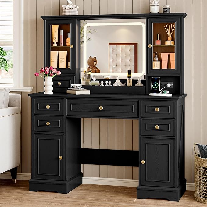 Vanity Desk with Lights, Large LED Mirror with 3 Color Modes, Makeup Vanity with Power Outlet & USB Ports, 6 Drawers & 2 RGB Glass Cabinets, Farmhouse Dressing Table for Women & Girls (Black)