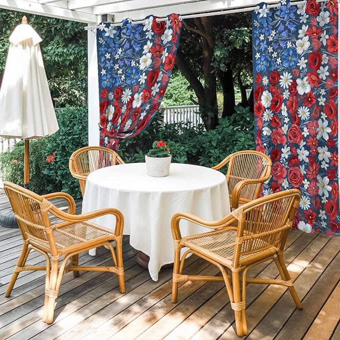 4th of July Outdoor Curtains for Patio Patriotic Flowers Farmhouse Red