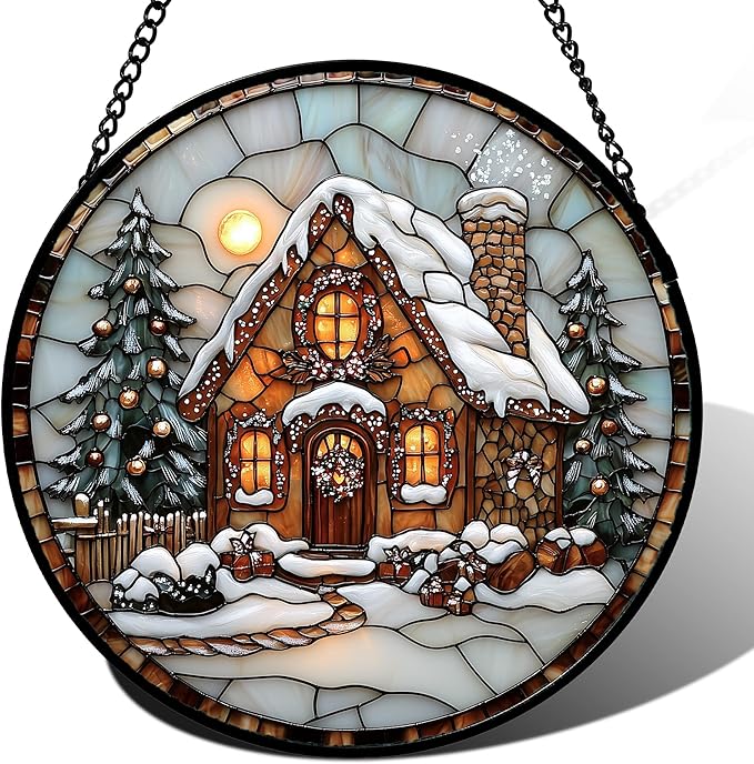 Stained Glass Window Hanging - Christmas Tree Cottage Sun Catcher for Door Garden Home Winter Decor Snowy Night Suncatcher Mother's Day Birthday Gifts for Women Men Mom Nana 9.8 in