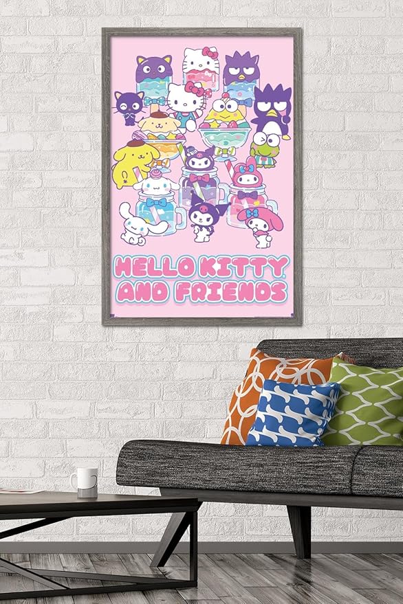 Trends International Hello Kitty and Friends: 24 Summer Fresh - Group Wall Poster, 34L x 22.4W, Barnwood Framed Version