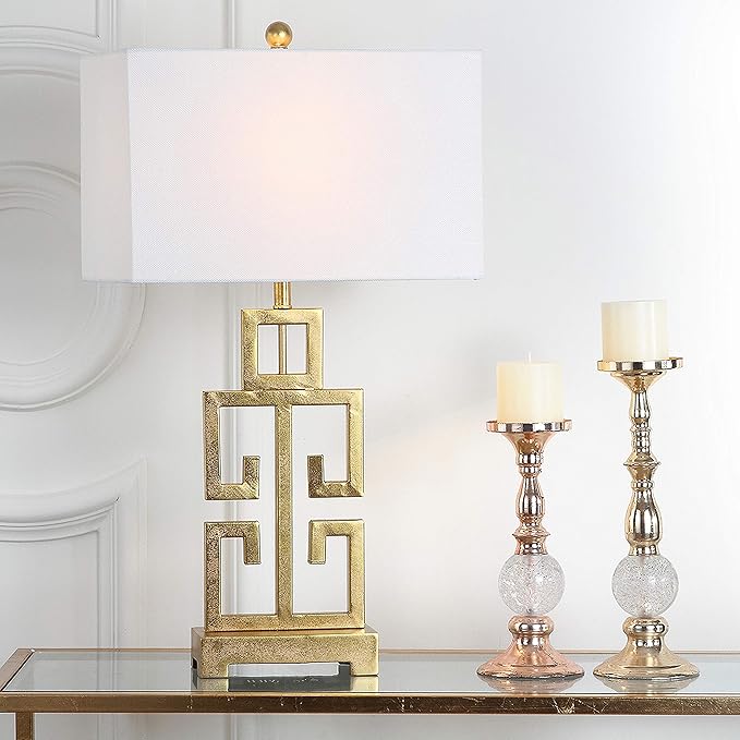 SAFAVIEH Lighting Collection – Greek Key Table Lamp Set of 2 – Antique Gold Metal Base with White Fabric Shade, LED Bulbs Included, 29-Inch Bedroom Living Room Desk Lamps (LIT4305A-SET2)