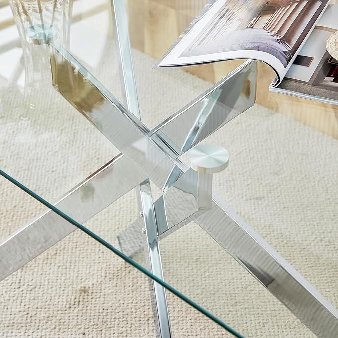 51" Rectangular Glass Dining Table Modern Kitchen Glass Top Table for 4 with Silver Metal Legs, Clear Dining Table Kitchen Table for Home Office Dining Room